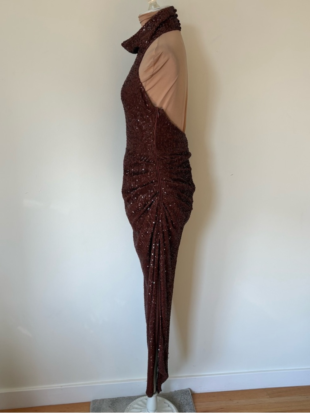 ITMFL Marissa Chocolate Brown Sequin Asymmetrical Mockneck Gown Dress EUC Size S - Picture 6 of 11